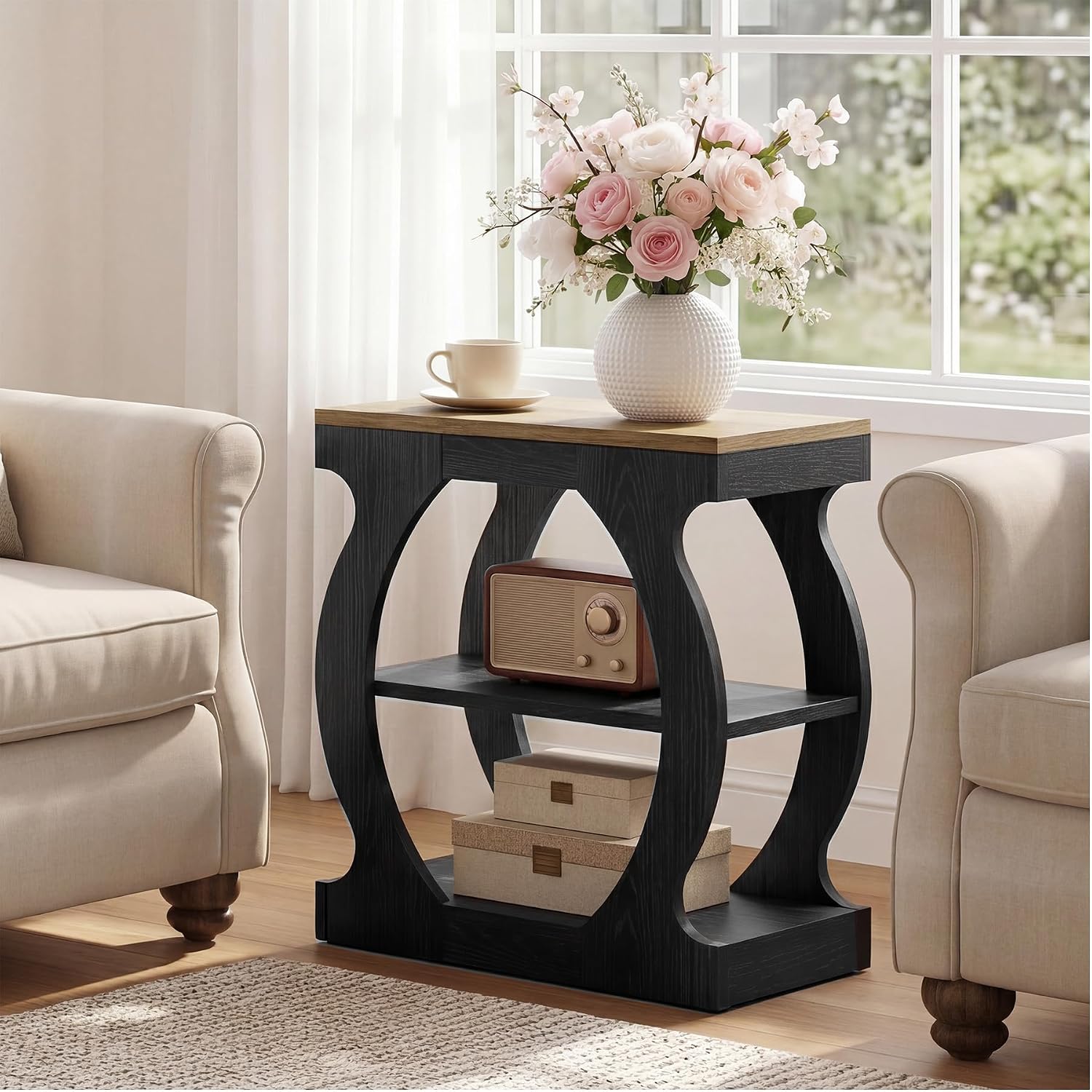 Tribesigns End Table with 3-Tier Storage, Narrow Side Table with Curved Frame, Wooden Nightstand for Living Room, Small Spaces, Bedroom, Rustic Brown & Black