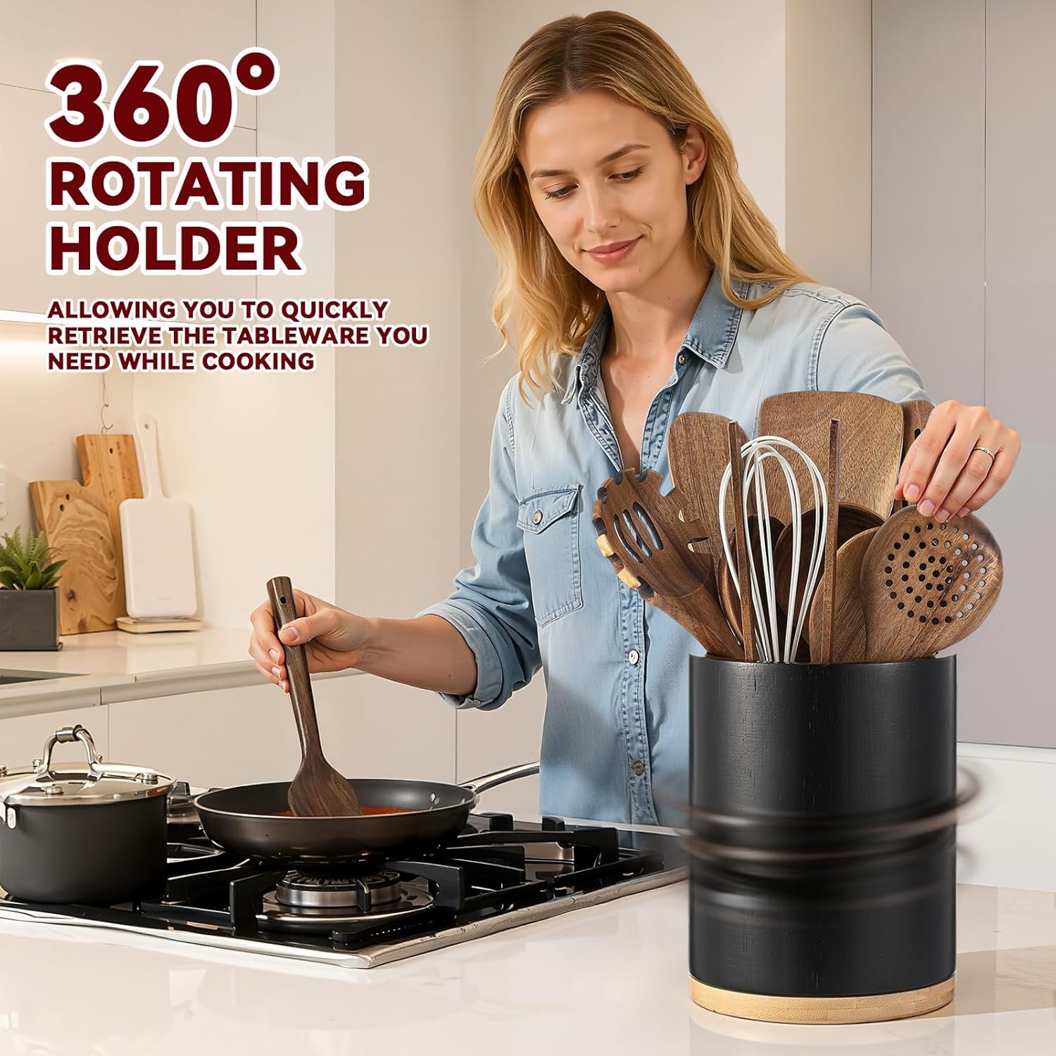 SiliFine 11 Pcs Wooden Kitchen Utensils Set with 360° Rotating Holder Acacia Wood Cooking Utensils with Cooking Spoons Spatulas for Nonstick Cookware Countertop(Straight Wood Holder,Black)