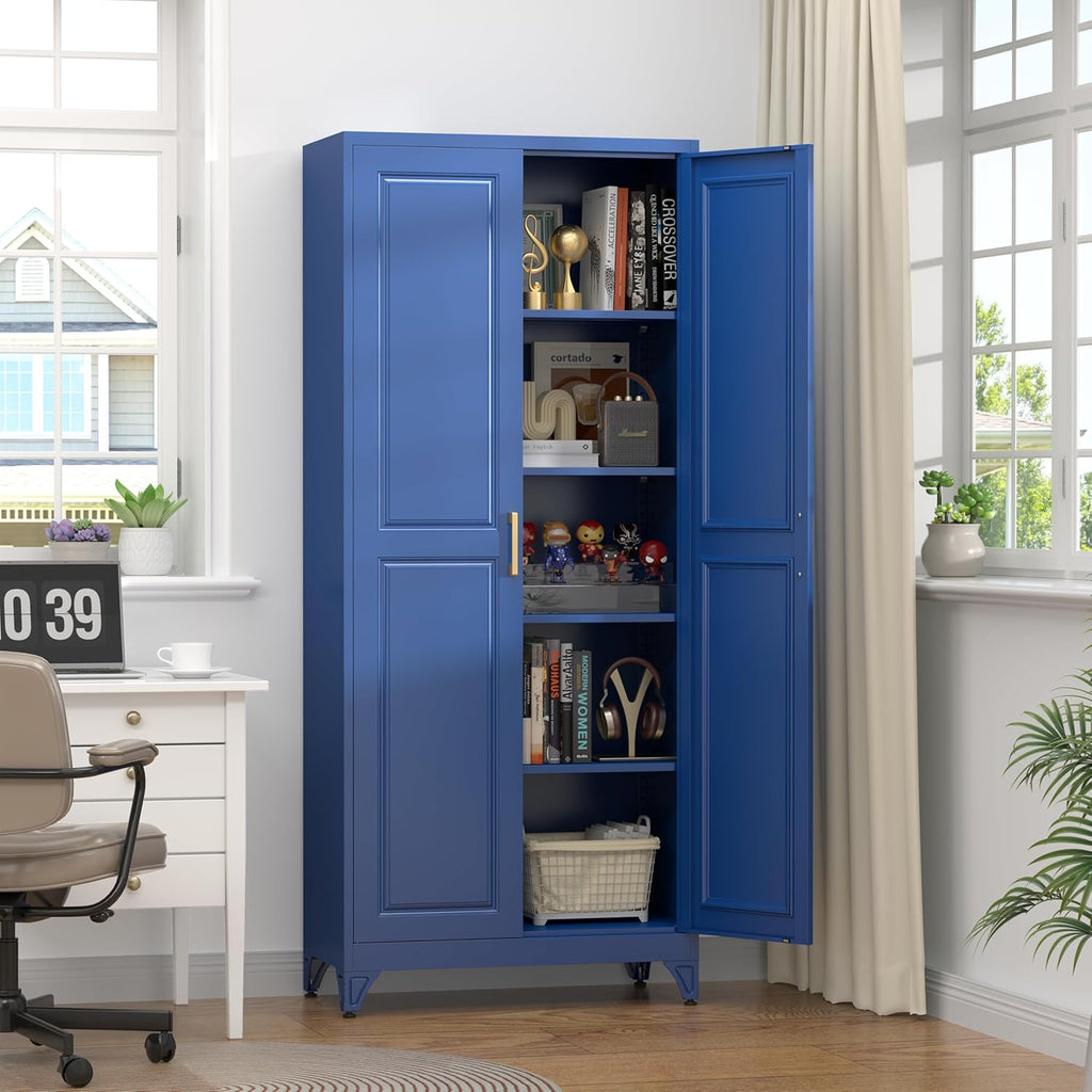 Kitchen Pantry Storage Cabinets, 75" Tall Metal Storage Cabinet with Doors and 4 Shelves, Blue Pantry Cabinet, Utility Kitchen Cupboard, Large Steel Cabinets for Dining, Office, Living Room