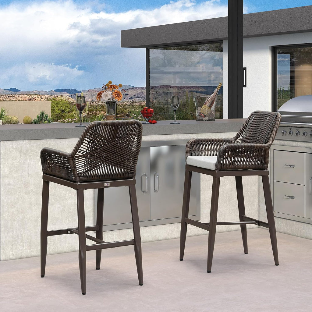 PURPLE LEAF Outdoor Wicker 29" Bar Stools Set of 2, Boho Patio Bar Height Chair with Cushion and Back for Outdoor and Indoor, Garden, Patio, Coffee
