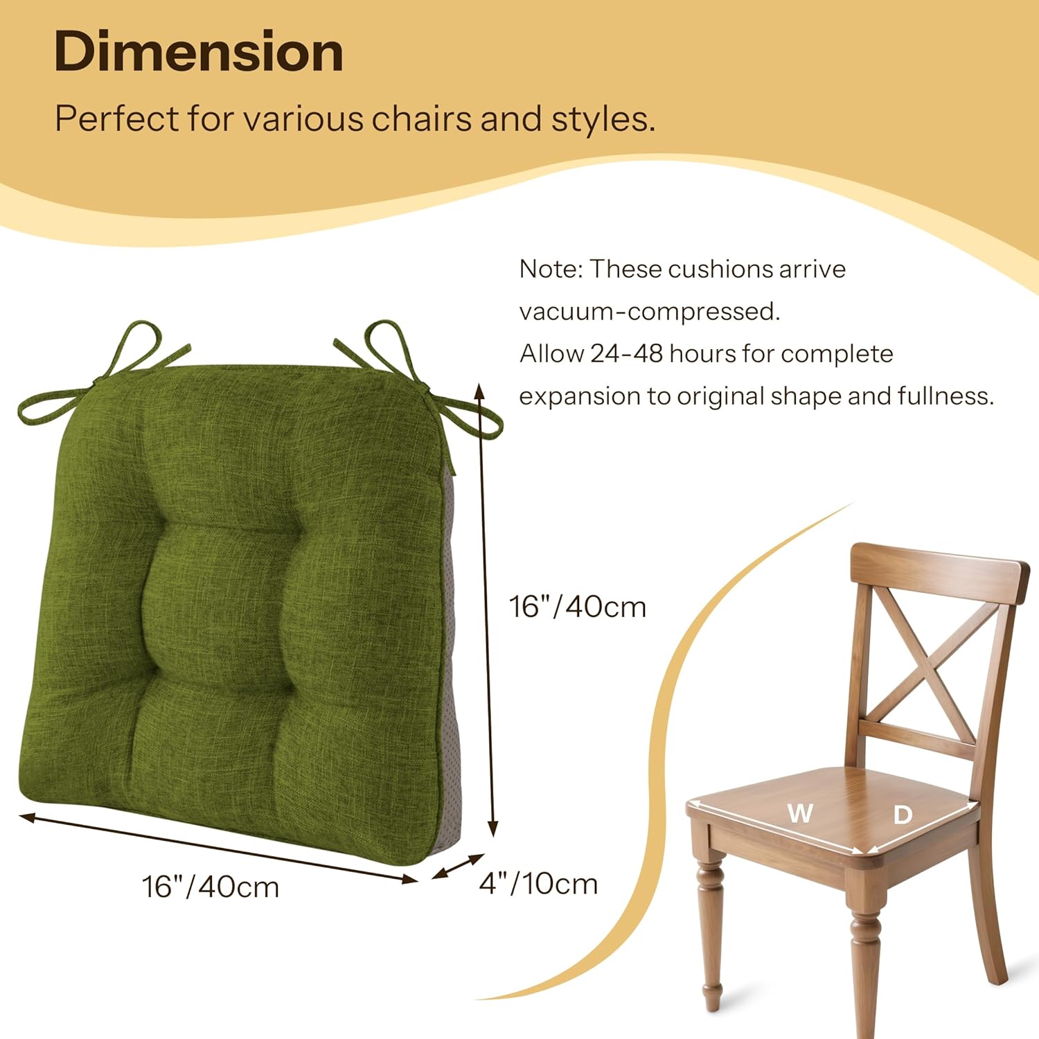 Non-Slip Chair Cushions for Dining Chairs Set of 4 Thick Kitchen Chair Pads Dining Room Seat Cushion with Ties 16" x 16" x 4" Olive Green