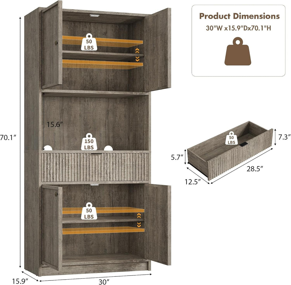 IDEALHOUSE Tall Storage Cabinet, 70" Kitchen Pantry Cabinet with Doors, Fluted Kitchen Hutch Cupboard with Microwave Shelf & Drawer, Freestanding Cupboard for Dining Room, Living Room, Gray