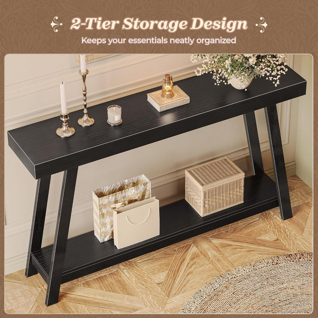 Huuger Console Table with Charging Station, USB-C Port, 2 Tiers Entryway Table, 53.9 Inch Sofa Table with Metal Legs, Entry Hallway Table with Thicker Desktop, Modern Behind Couch Table, Black