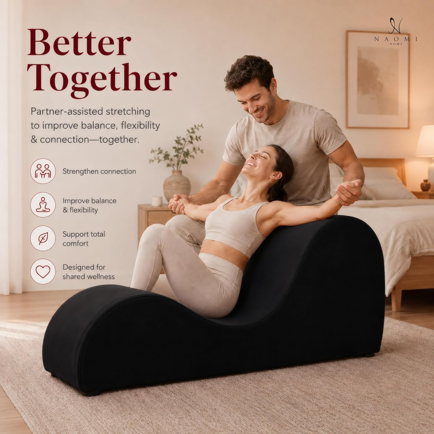 Naomi Home Yoga Chair for Adults - Ergonomic Yoga Chaise Lounge Bench, Wood & Metal Frame, 330 lb Capacity, Upholstered Microfiber Lounge for Deep Stretching, Relaxation & Creative Comfort - Black
