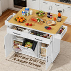 YESHOMY 56" Kitchen Island with Trash Can Storage, Drop Leaf Kitchen Island with Storage, 2 Drawers, 5 Wheels, Spice Rack & Towel Holder, White and Yellow Oak