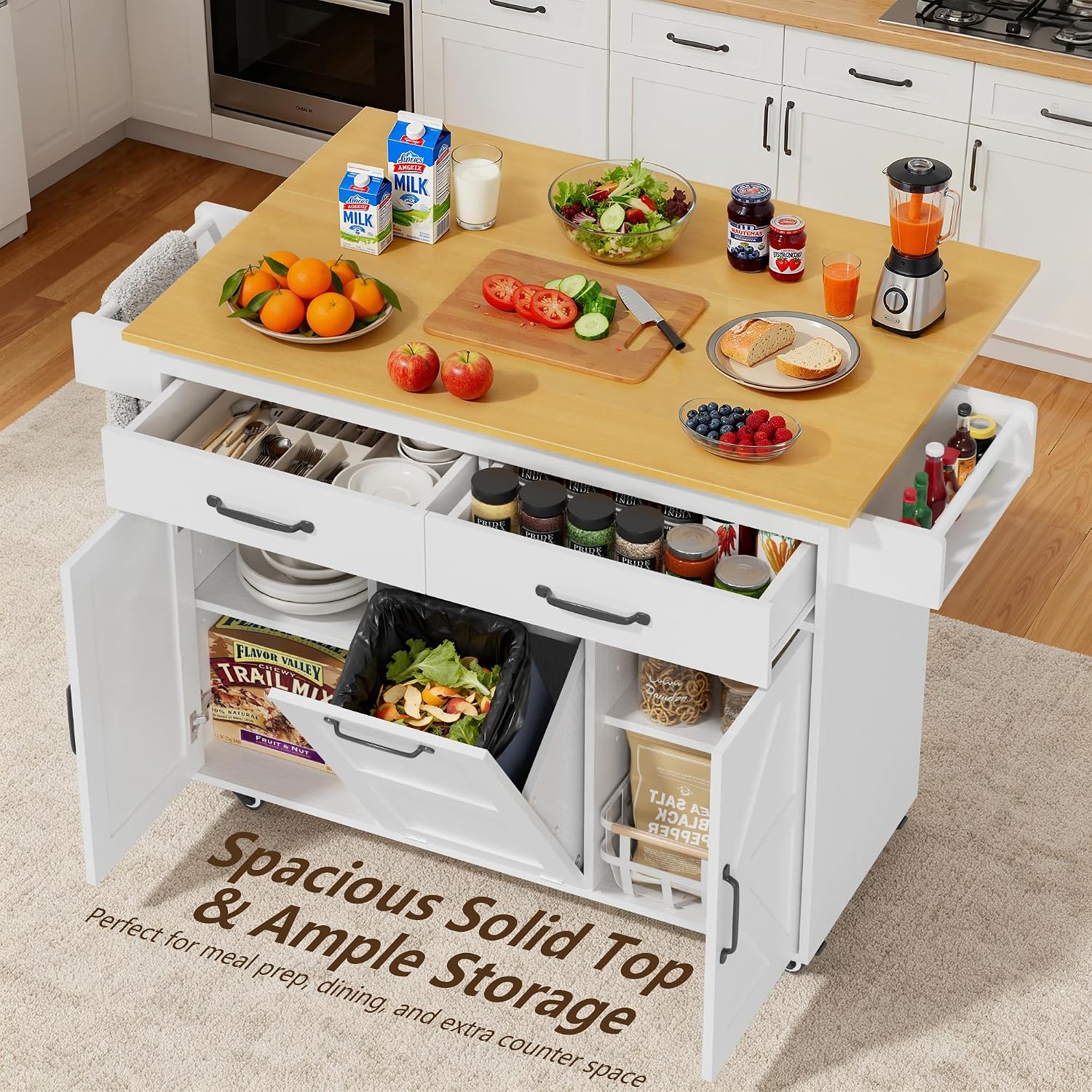 YESHOMY 56" Kitchen Island with Trash Can Storage, Drop Leaf Kitchen Island with Storage, 2 Drawers, 5 Wheels, Spice Rack & Towel Holder, White and Yellow Oak