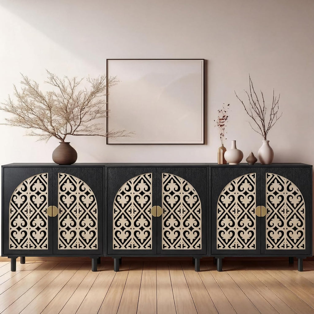 Decorative Storage Cabinet Sideboard with Hollow Carved Panels, 2 Doors, Natural Wood, 29.8 x 31.6 x 15.8 Inches. [Black, 1pc]