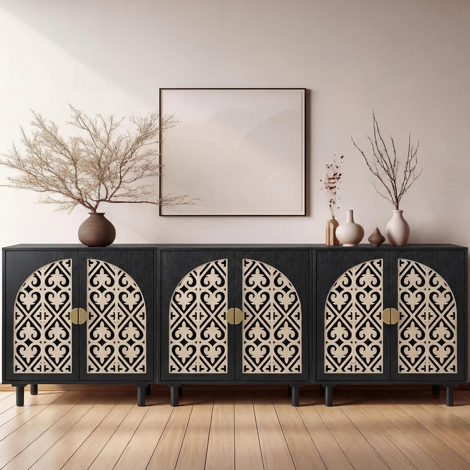 Decorative Storage Cabinet Sideboard with Hollow Carved Panels, 2 Doors, Natural Wood, 29.8 x 31.6 x 15.8 Inches. [Black, 1pc]