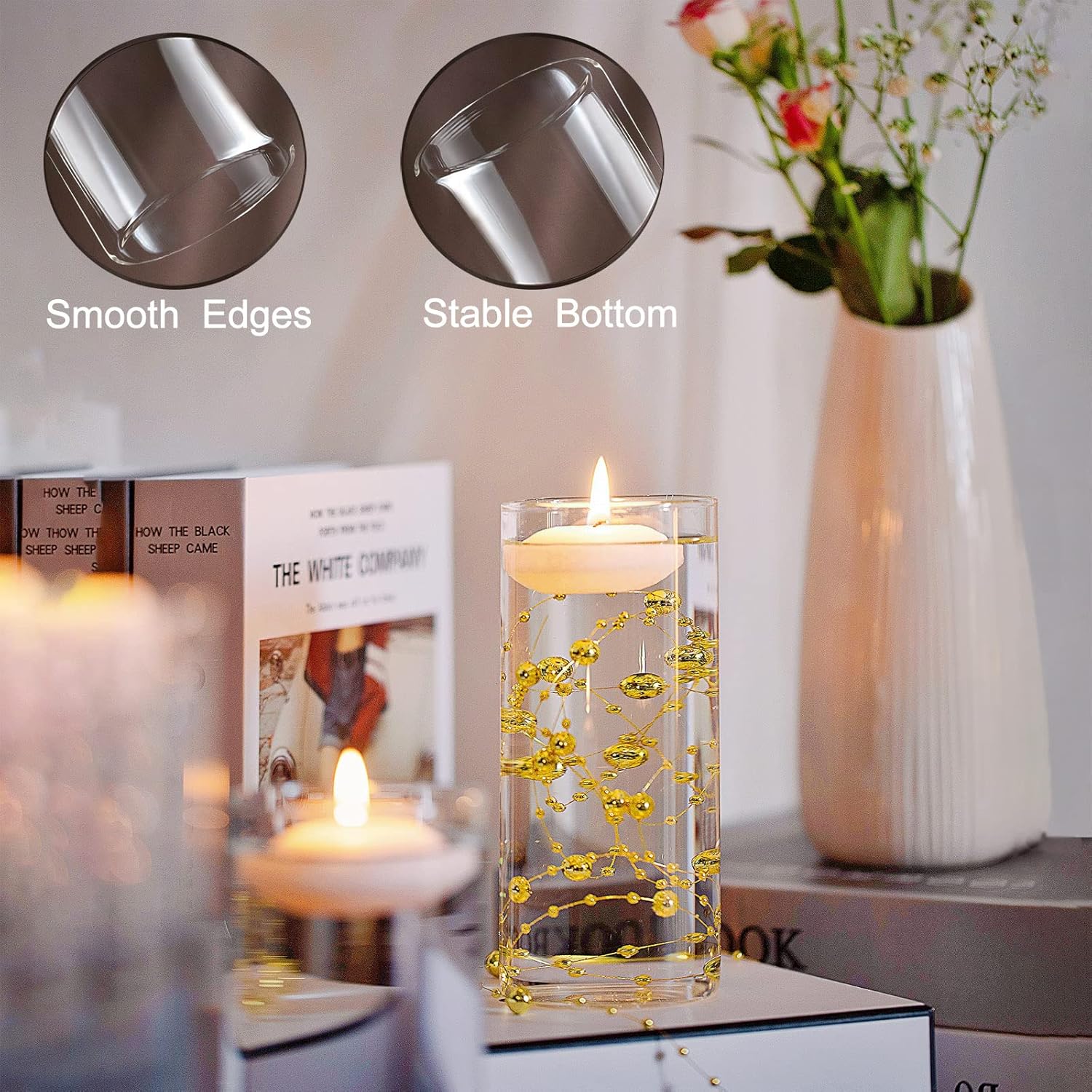UDU 16 Set Glass Cylinder Vases for Centerpieces with 80000 Clear Beads 24 White Floating Candles 12 Pearl String Center Pieces Decoration for Table Table Wedding Party Home