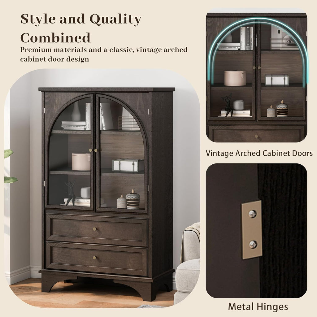 52.17" Tall Display Cabinet with Arched Glass Doors (Brown) | Farmhouse Curio Cabinet Display Case with 2 Storage Drawers and Adjustable Shelves, Glass Display Cabinets for Living Room