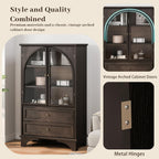 52.17" Tall Display Cabinet with Arched Glass Doors (Brown) | Farmhouse Curio Cabinet Display Case with 2 Storage Drawers and Adjustable Shelves, Glass Display Cabinets for Living Room