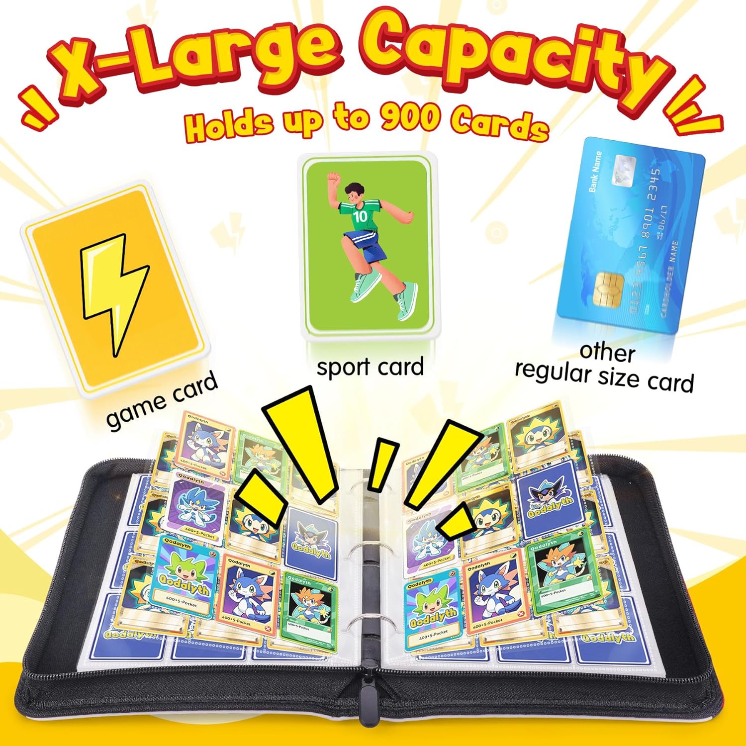 Card Binder – 9 Pocket Zipper Collection Album, Premium PU Holder, Double-Sided Display for 900 Cards, Includes 5 Hard Plastic Sleeves for Game Cards, Sports Cards