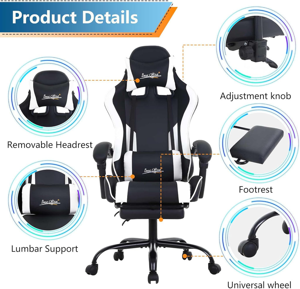 PayLessHere Ergonomic Racing Desk Chair Computer Chair Gaming Chair with Footrest Lumbar Support Headrest Armrest Task Rolling Swivel Ergonomic E-Sports Adjustable PC Gamer Chair, White
