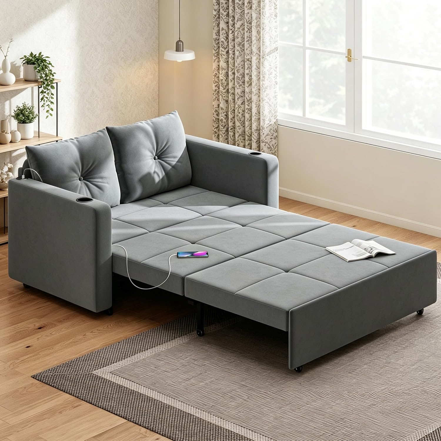 Krcix 3 in 1 Pull Out Couch, 56 Inch Velvet Sofa Bed, Convertible Sleeper Sofa for Living Room, Small Space, Upholstered Loveseat Couch Bed with USB, Cup Holder Charcoal Grey