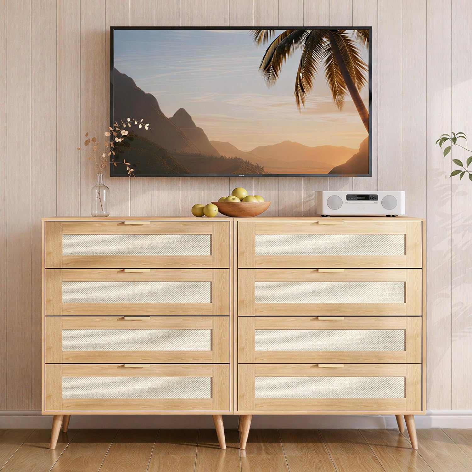 Rattan TV Stand, 4-Drawer Wooden Boho Media Console with Gold Metal Handles, Light Oak Storage Cabinet for Living Room, Office
