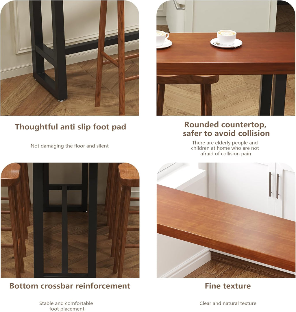 quanzhoulong47in Dark Brown Solid Wood Bar Height Pub Table - Built-in Footrest, Solid Wood Top & Sturdy Metal Legs | Counter Height Dining Table for Kitchen, Bistro & Dining Spaces (47in)