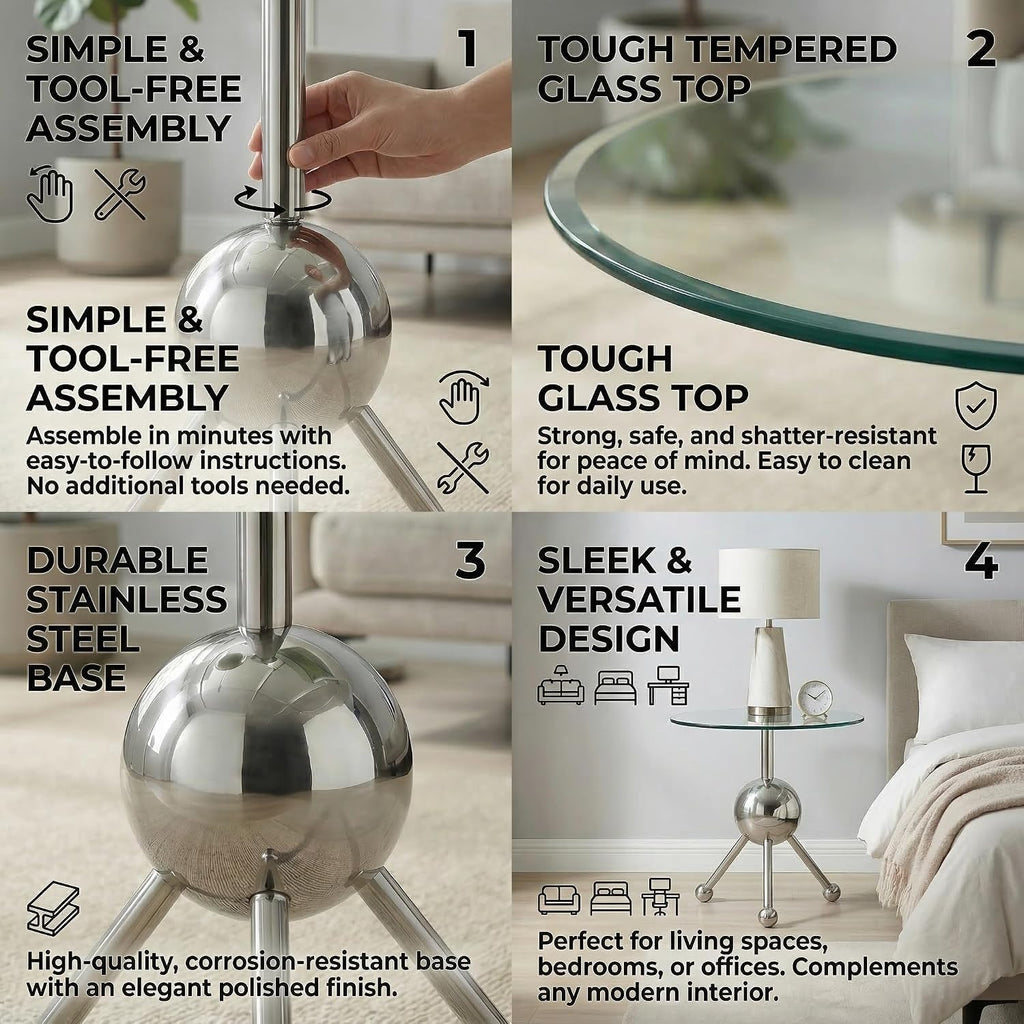 FT Global 19.7-Inch Round Glass End Table, Stainless Steel Sphere Tripod Base, Silver, Tool-Free Assembly