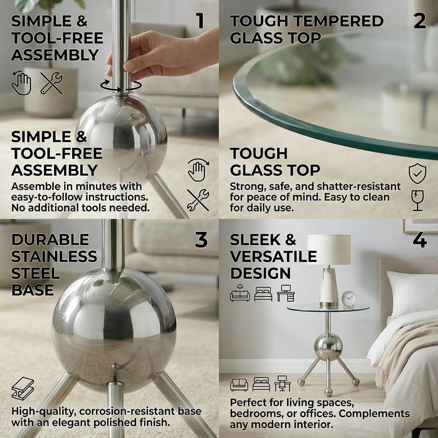 FT Global 19.7-Inch Round Glass End Table, Stainless Steel Sphere Tripod Base, Silver, Tool-Free Assembly