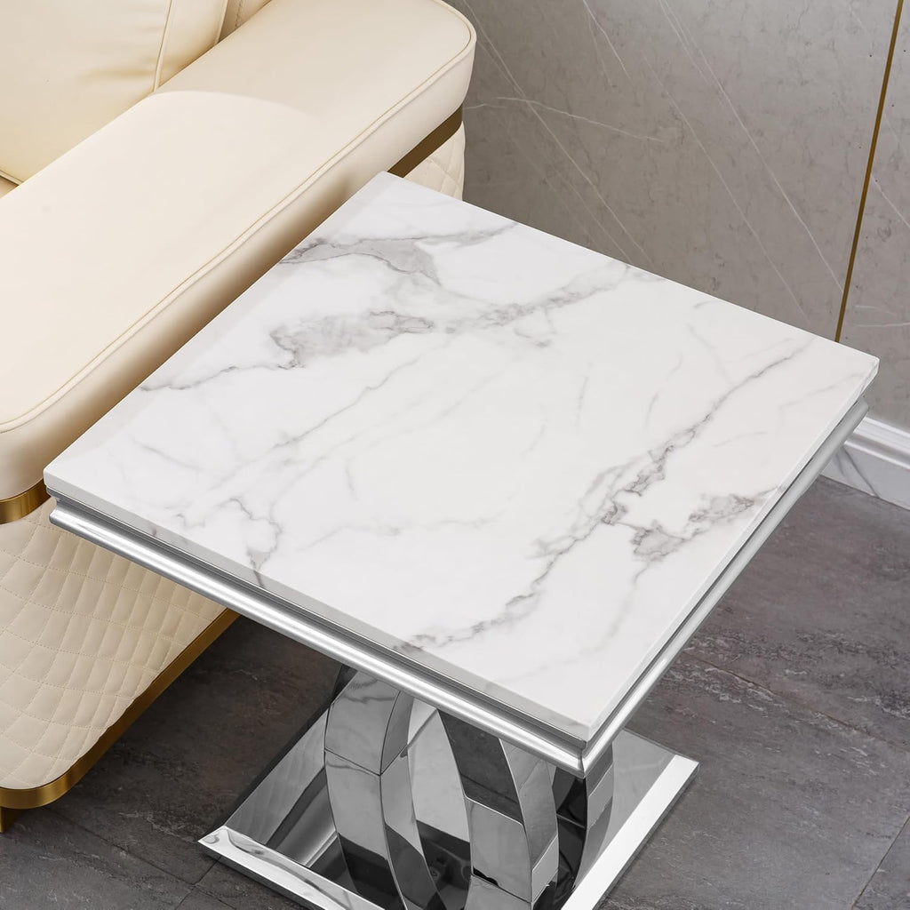 Modern Marble End Table Luxury White Faux Marble Sofa Side Table with Silver Mirrored Stainless Steel Base Square Bedside Tables Nightstand for Living Room Bedroom Office