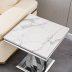 Modern Marble End Table Luxury White Faux Marble Sofa Side Table with Silver Mirrored Stainless Steel Base Square Bedside Tables Nightstand for Living Room Bedroom Office