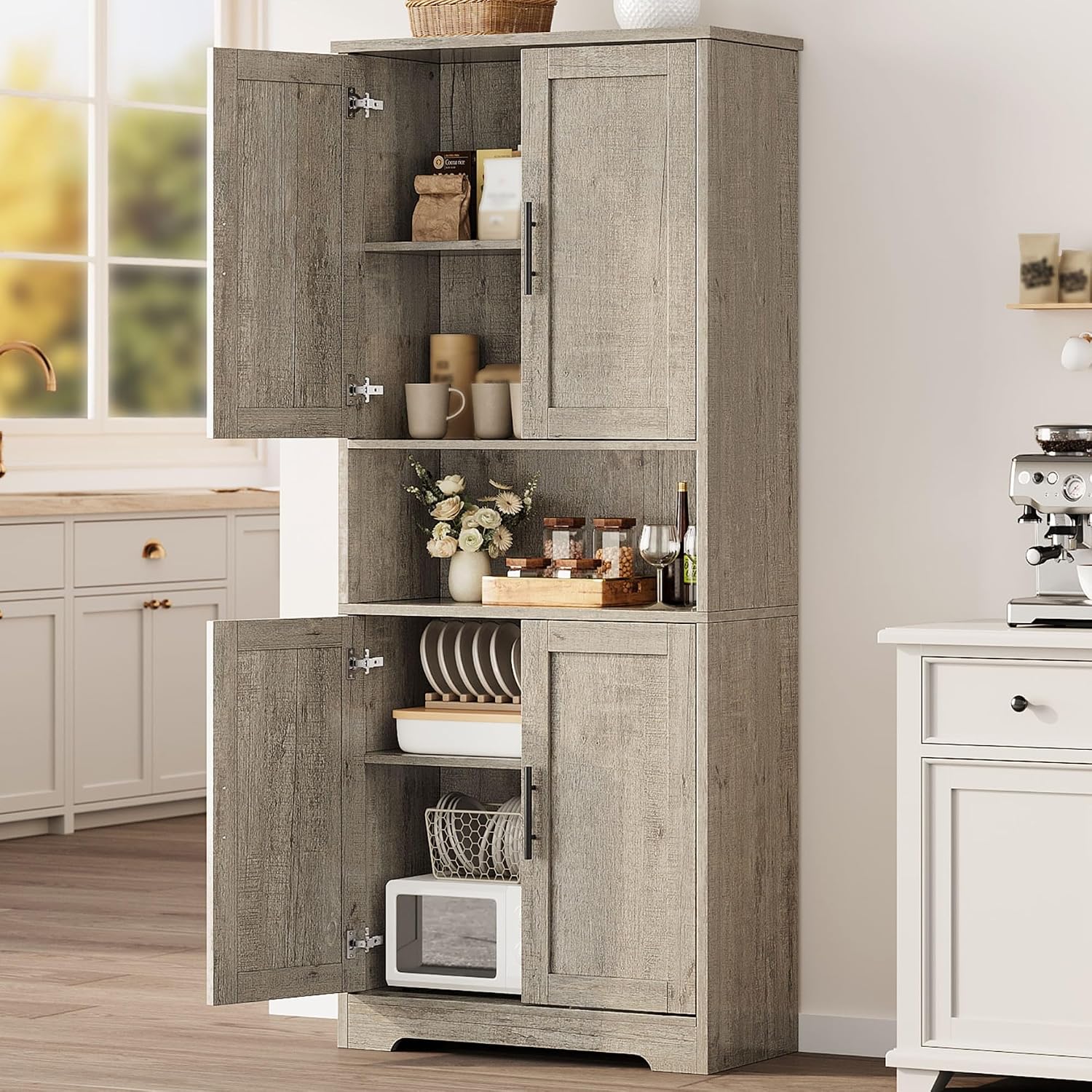 GarveeHome Tall Storage Cabinet, 70 in Kitchen Pantry Cabinet with Doors and Adjustable Shelves, Rustic Wooden Cupboard for Dining Room, Living Room,Gray