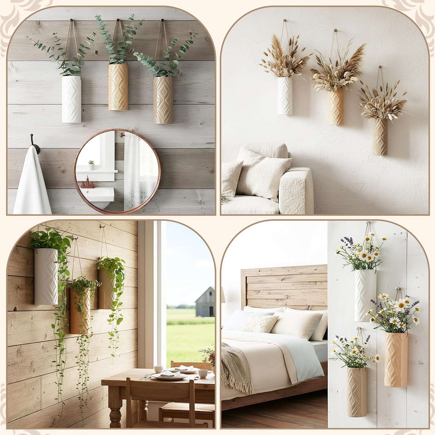 Ceramic Boho Wall Vases Set of 3, 7.9 Inch Modern Hanging Vase for Living Room Bedroom, Farmhouse Art Wall Decor Geometric Minimalist Hanging Flower Vase, Women