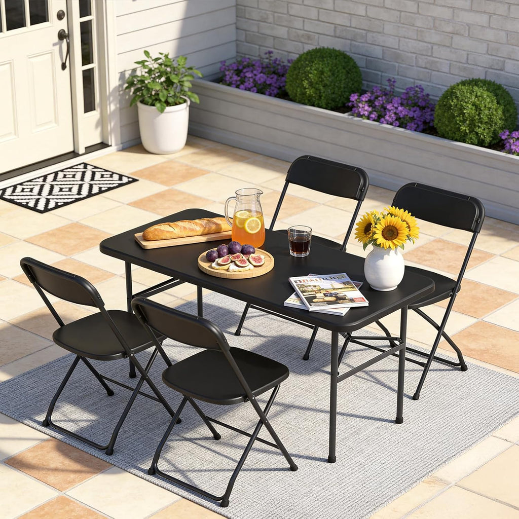 4ft Folding Table with Foldable Steel Legs, Heavy Duty Plastic Foldable Table, Metal Frame, Support up to 400 lb, Portable for Banquet, Craft, Party, Indoor & Outdoor Use, Black
