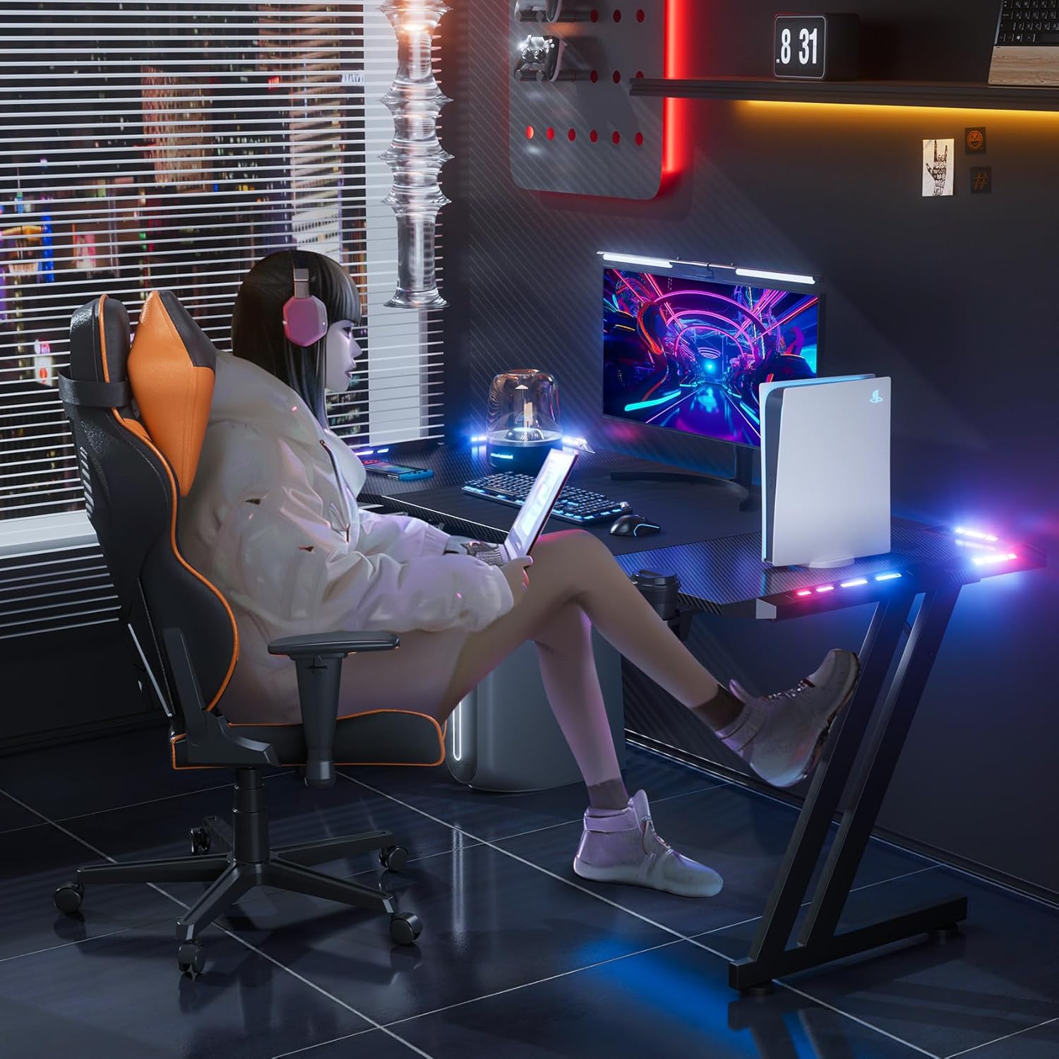HLDIRECT 47 Inch Gaming Desk with LED Lights, Large RGB Computer Gaming Desk Table with Cup Holder Headphone Hook Mouse Pad, Ergonomic Modern Carbon Fiber Mesa Gamer Pc Work Home Office Desks, Black