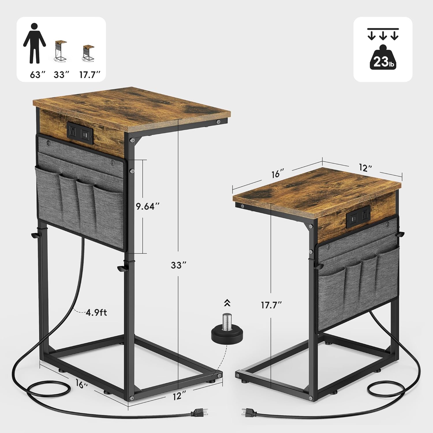 Vagusicc C-Shaped End Table with Charging Station, Small Side Table for Couch, 33" Tall C Table Adjustable Height Side Table, Couch Tables that Slide Under, Sofa Table TV Tray for Living Room, Brown