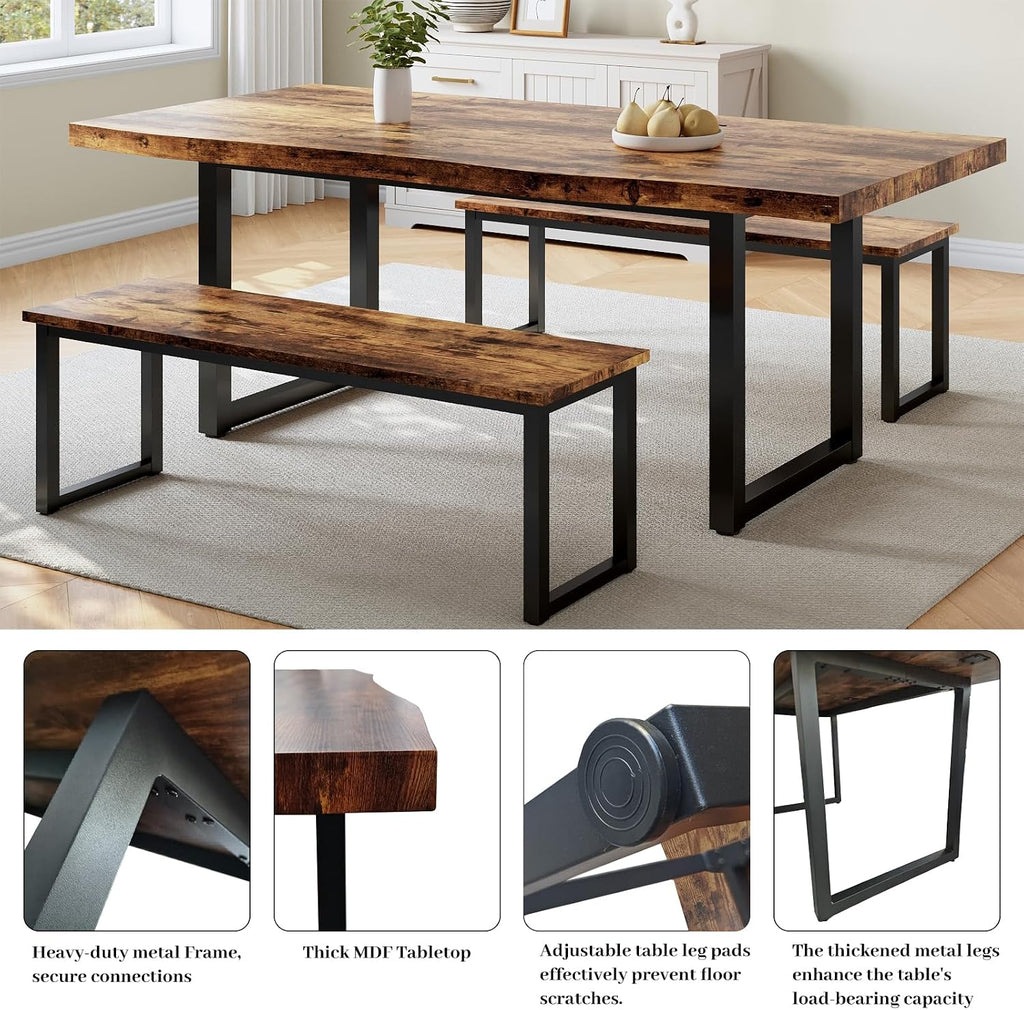 HIPIHOM 63" Dining Table with 2 Benches, Modern Kitchen Table and Chairs Set for 4 to 6 Persons, Thickened MDF Wooden Table for Kitchen, Dining Room