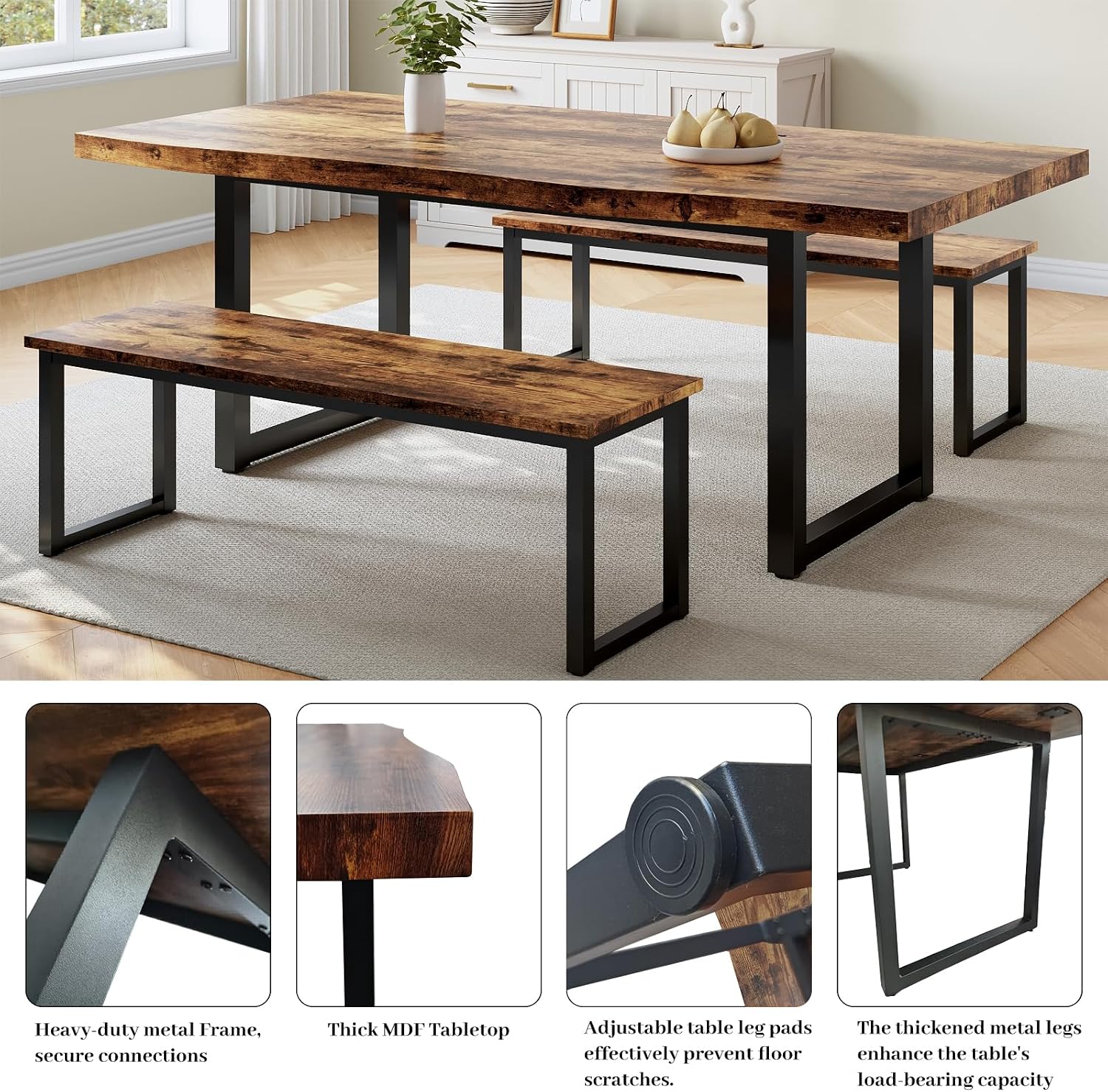 HIPIHOM 63" Dining Table with 2 Benches, Modern Kitchen Table and Chairs Set for 4 to 6 Persons, Thickened MDF Wooden Table for Kitchen, Dining Room