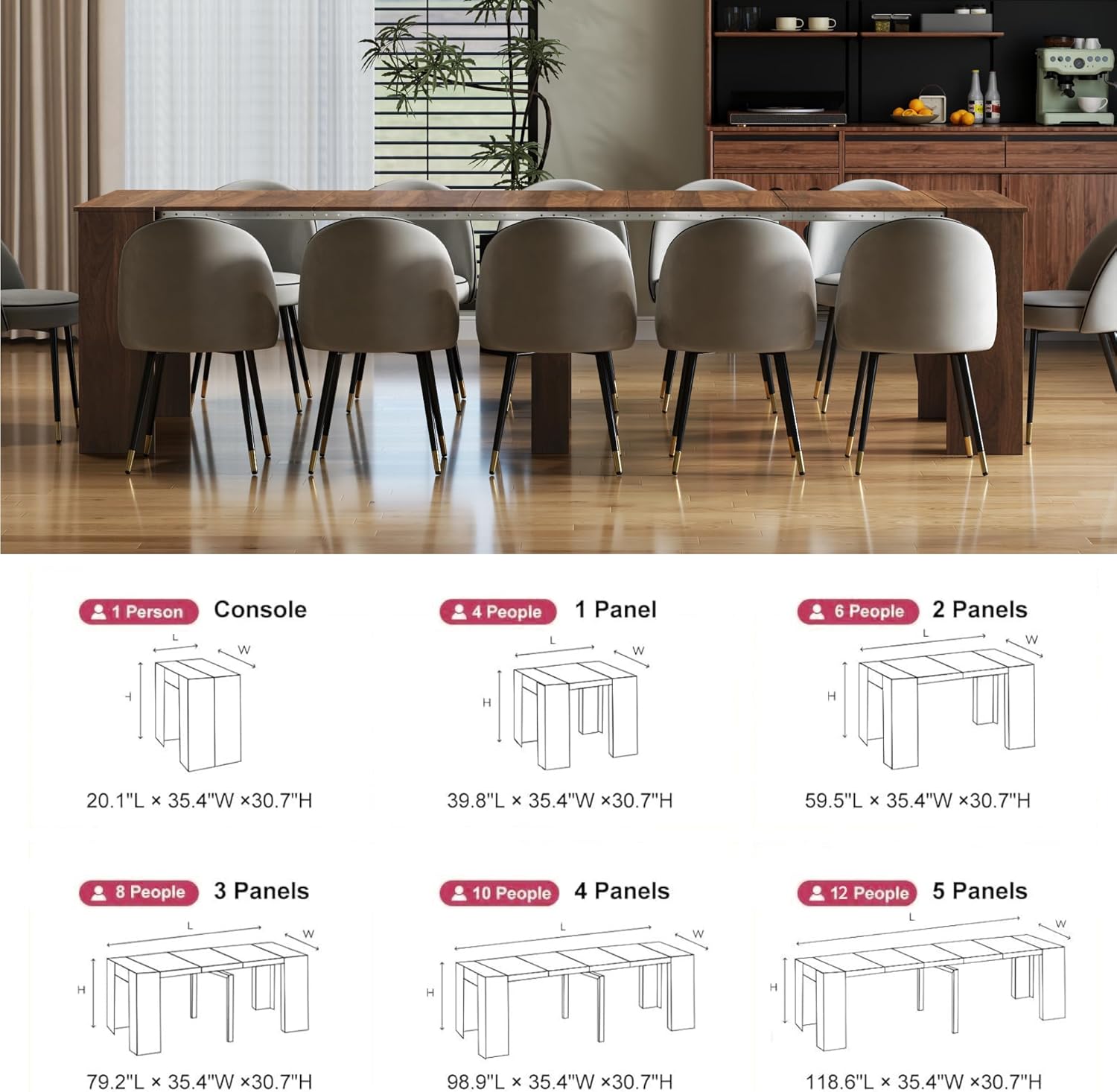 Transformer Folding Console Table for 10-12 People, Extendable Dining Table, Space Saving Dining Room Table for Apartments & Homes, Walnut