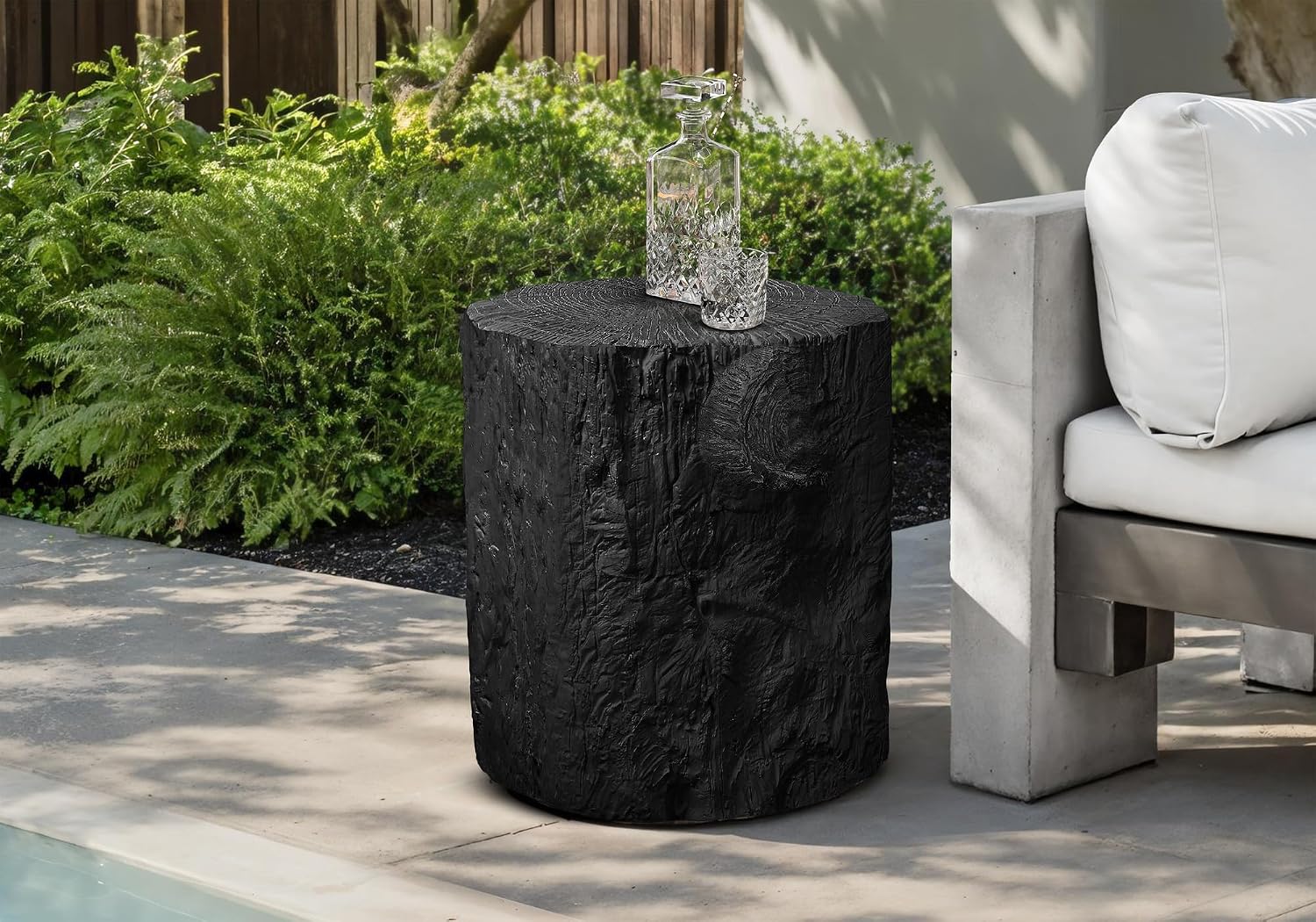 22" Weather Resistant Versatile Accent Table, Side Table with Tree Stump Design, Modern End Tables with No Assembly for Indoor and Outdoor Use, Black