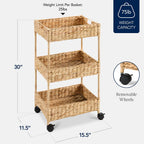 Best Choice Products 3-Tier Water Hyacinth Rolling Nursery Caddy w/Wheels, Utility Cart, Storage Organization for Bathroom, Craft Room, Laundry Room - Natural