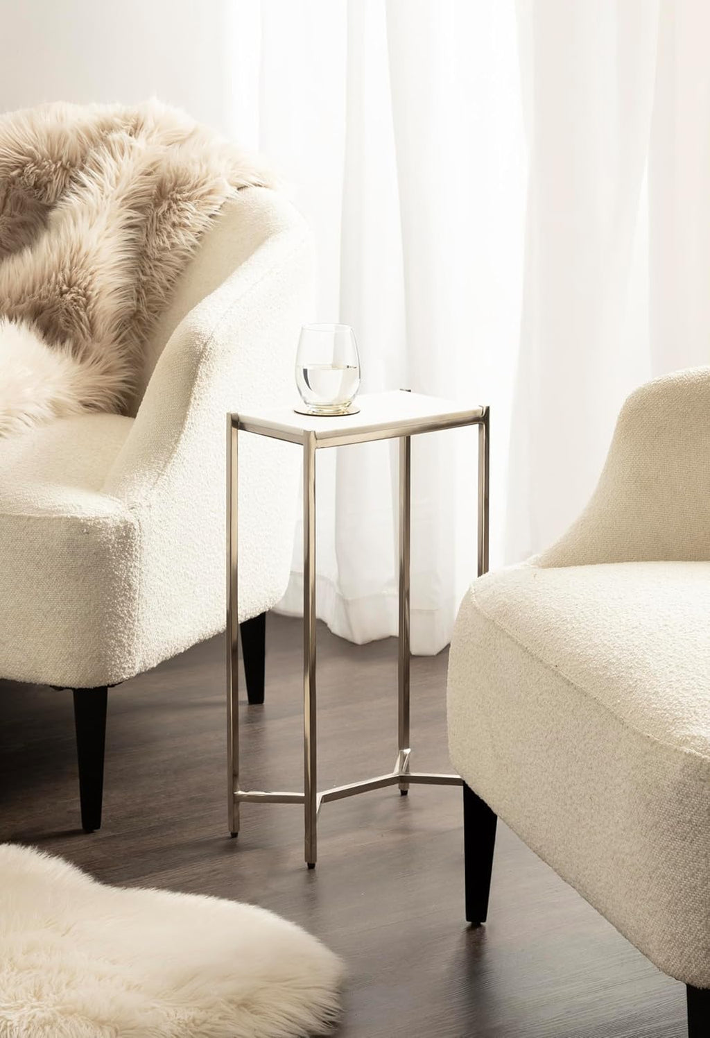Kate and Laurel Aguilar Modern Glam Slim Side Table, 12 x 7 x 22, White Marble and Silver, Decorative Narrow End Table for Use as Skinny Bedroom Nightstand or Living Room Mini Table