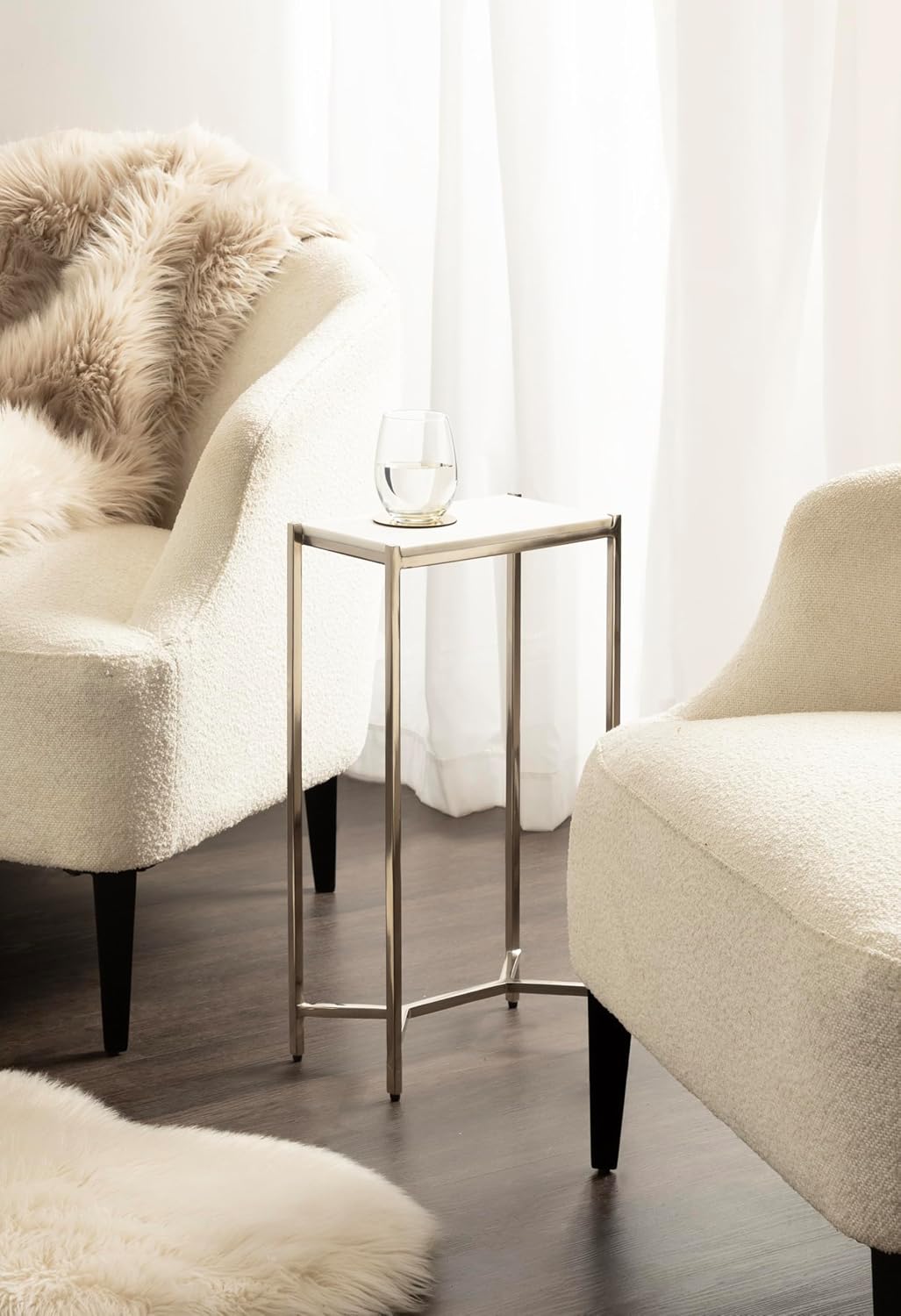 Kate and Laurel Aguilar Modern Glam Slim Side Table, 12 x 7 x 22, White Marble and Silver, Decorative Narrow End Table for Use as Skinny Bedroom Nightstand or Living Room Mini Table