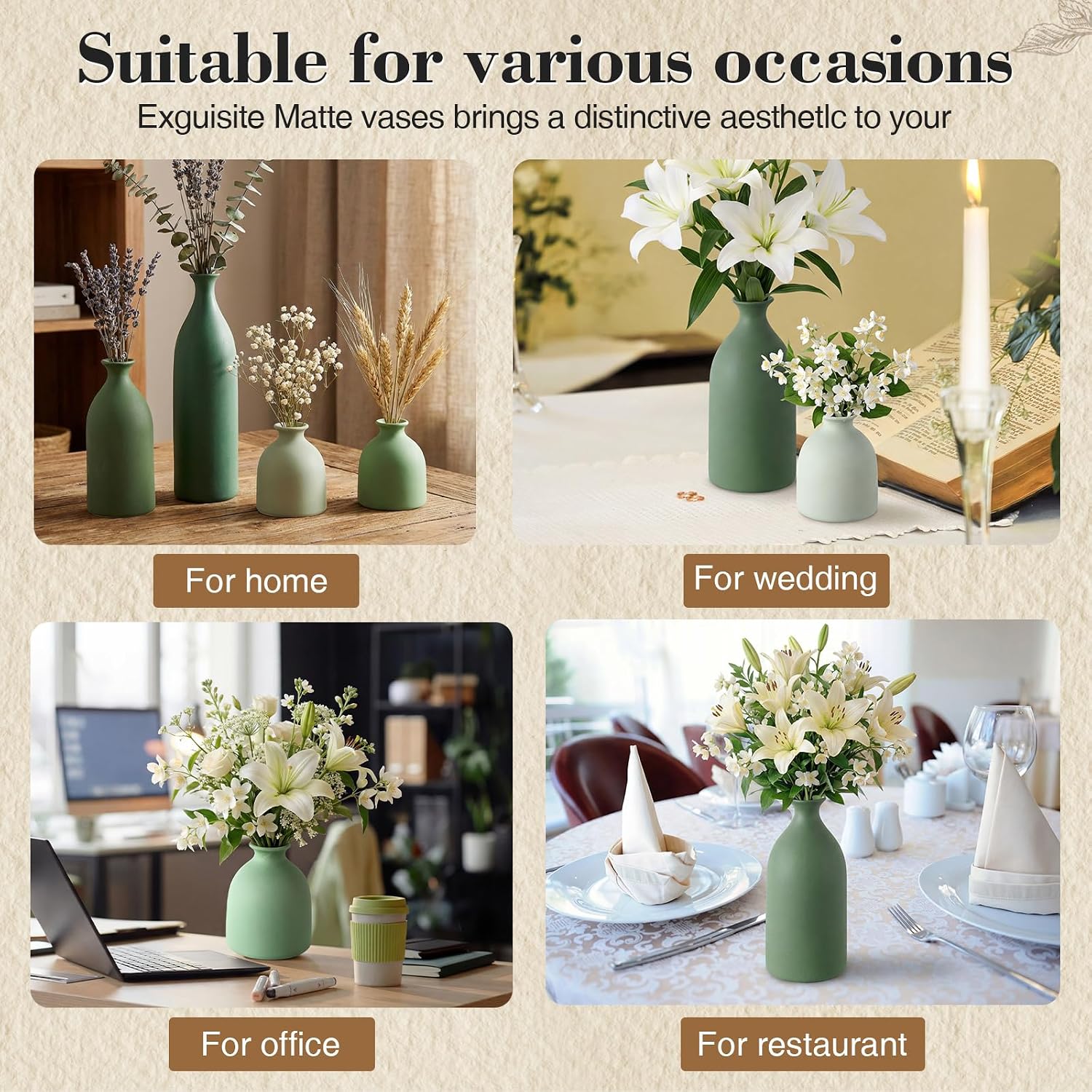Dandat Green Ceramic Vase Set of 4, Modern Ceramic Vases Neutral Colors Farmhouse Table Centerpiece for Dried Flowers, Living Room, Kitchen, Bedroom