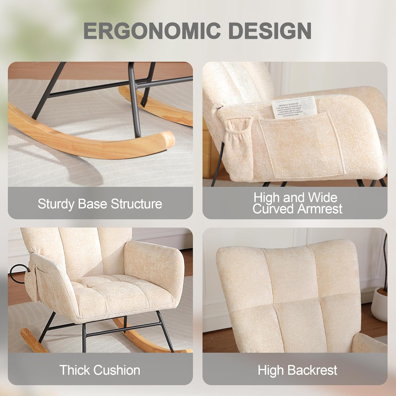 Rocking Chair Nursery with Airbag, Nursery Rocking Reading Chair Indoor, Cozy Upholstered Glider Rocker Chairs for Living Room Bedroom Offices, Sillas Mecedoras(Chenille, Beige)