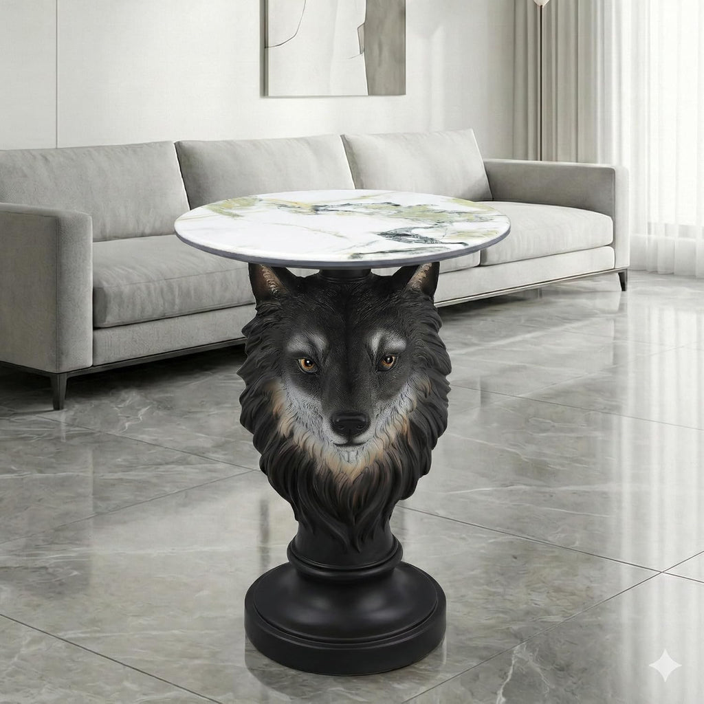 Modern Wolf Head Side Table, Artistic Animal Sculpture End Table with Faux Marble Top, Unique Fiberglass Accent Table for Living Room & Bedroom, Ideal Gift for Wolf Lovers (Realistic)