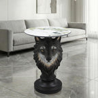 Modern Wolf Head Side Table, Artistic Animal Sculpture End Table with Faux Marble Top, Unique Fiberglass Accent Table for Living Room & Bedroom, Ideal Gift for Wolf Lovers (Realistic)
