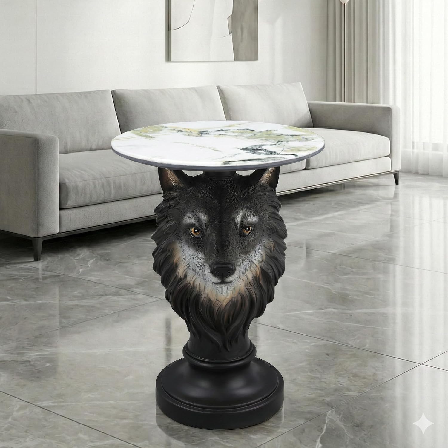 Modern Wolf Head Side Table, Artistic Animal Sculpture End Table with Faux Marble Top, Unique Fiberglass Accent Table for Living Room & Bedroom, Ideal Gift for Wolf Lovers (Realistic)