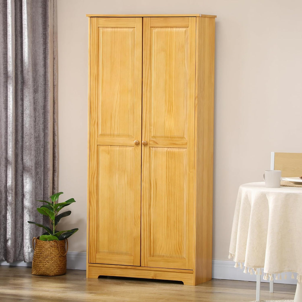 67" Kitchen Pantry Cabinet, Pinewood Storage Cabinet with 2 Door & Adjustable Shelves, Freestanding Cupboard Utility Sideboard Large Hutch Cabinets for Kitchen Dining Room,Brown