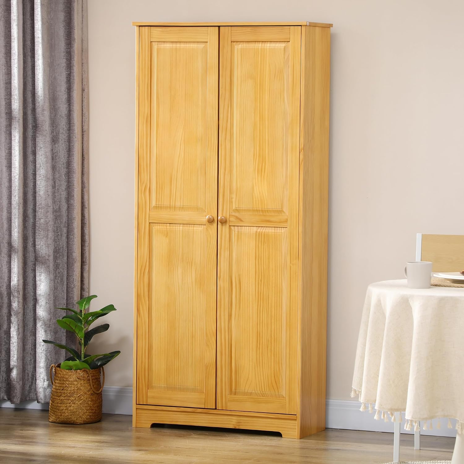 67" Kitchen Pantry Cabinet, Pinewood Storage Cabinet with 2 Door & Adjustable Shelves, Freestanding Cupboard Utility Sideboard Large Hutch Cabinets for Kitchen Dining Room,Brown