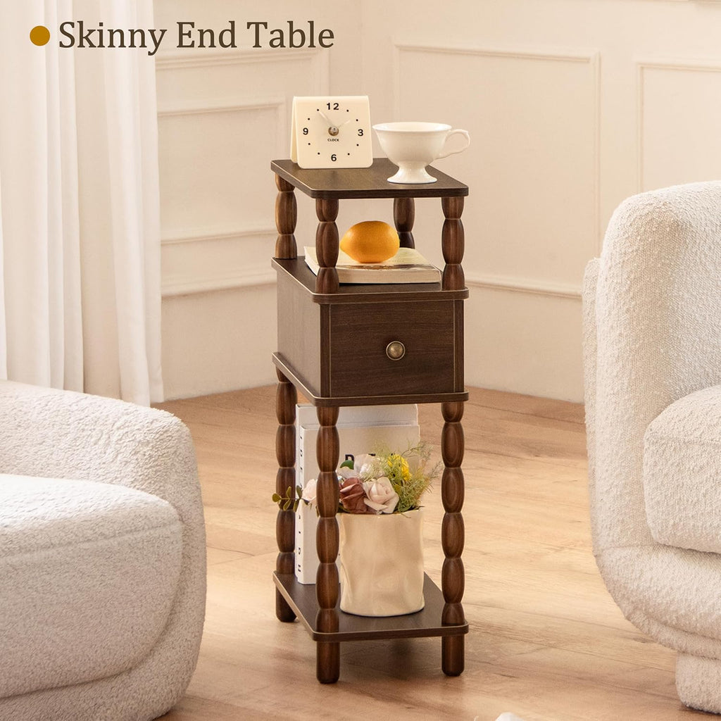 MaxSmeo Narrow Side Table, Small Nightstand with Drawer, Skinny End Table with Storage for Small Spaces, Bedroom, Living Room (Walnut Brown)