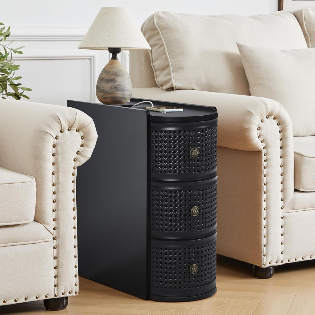 Narrow End Table Set of 2, Metal Rattan Side Table with Storage, Narrow Charging Nightstand with 3 Drawer for Bedroom Bedside, Living Room Couch Sofa, Desk Side Table for Small Spaces - Black