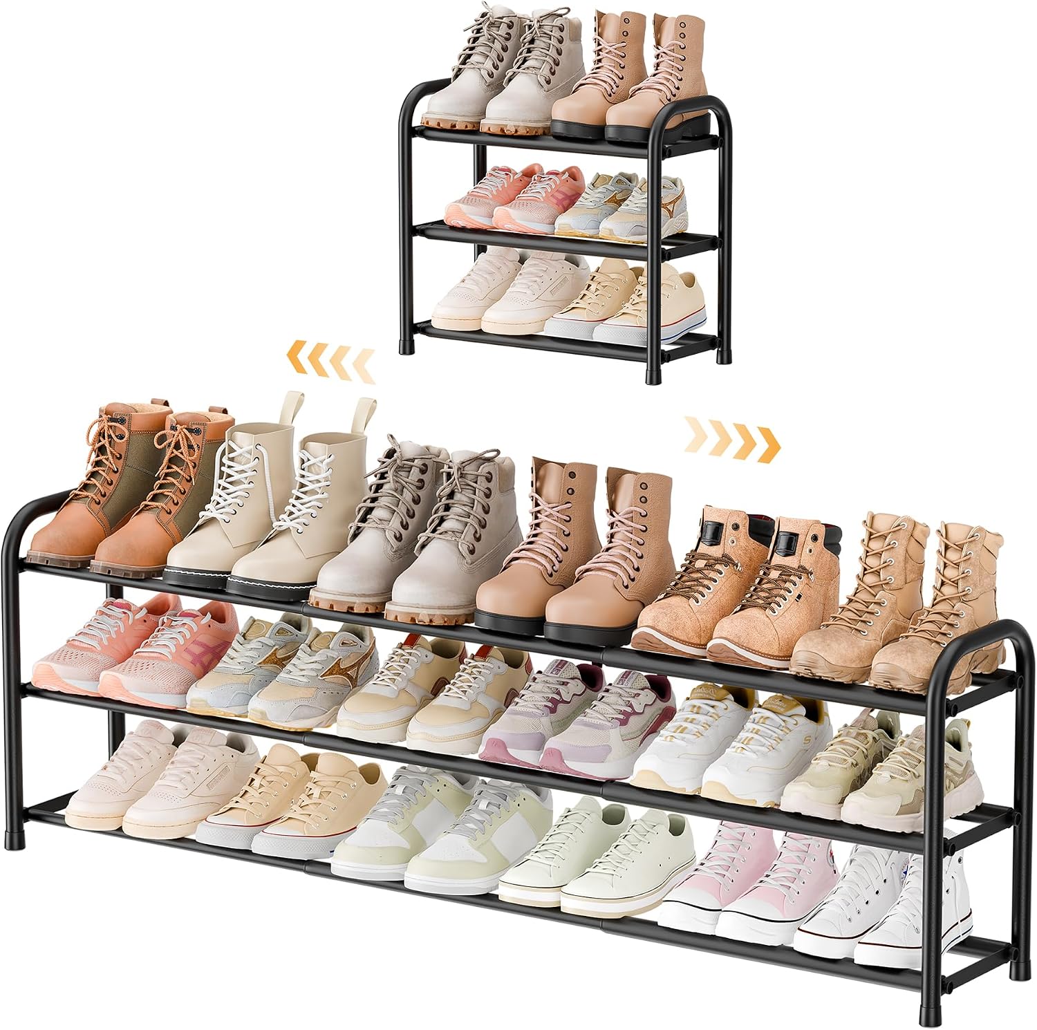 ENJOYBASICS 3 Tier Expandable Shoe Rack for Closet, Free Standing Metal Shoe Shelf Storage Organizer Holder 18 Pairs, Adjustable Width Shoe Rack for Entryway Small Space, Black