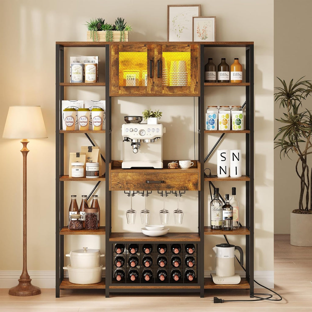 kepptory 65.35" Industrial Bakers Rack with Power Outlet & LED Light, Large Coffee Bar Cabinet with Drawer & Storage Cabinet, 5-Tier Microwave Stand with Glass Holder & Wine Rack, Rustic Brown