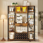 kepptory 65.35" Industrial Bakers Rack with Power Outlet & LED Light, Large Coffee Bar Cabinet with Drawer & Storage Cabinet, 5-Tier Microwave Stand with Glass Holder & Wine Rack, Rustic Brown