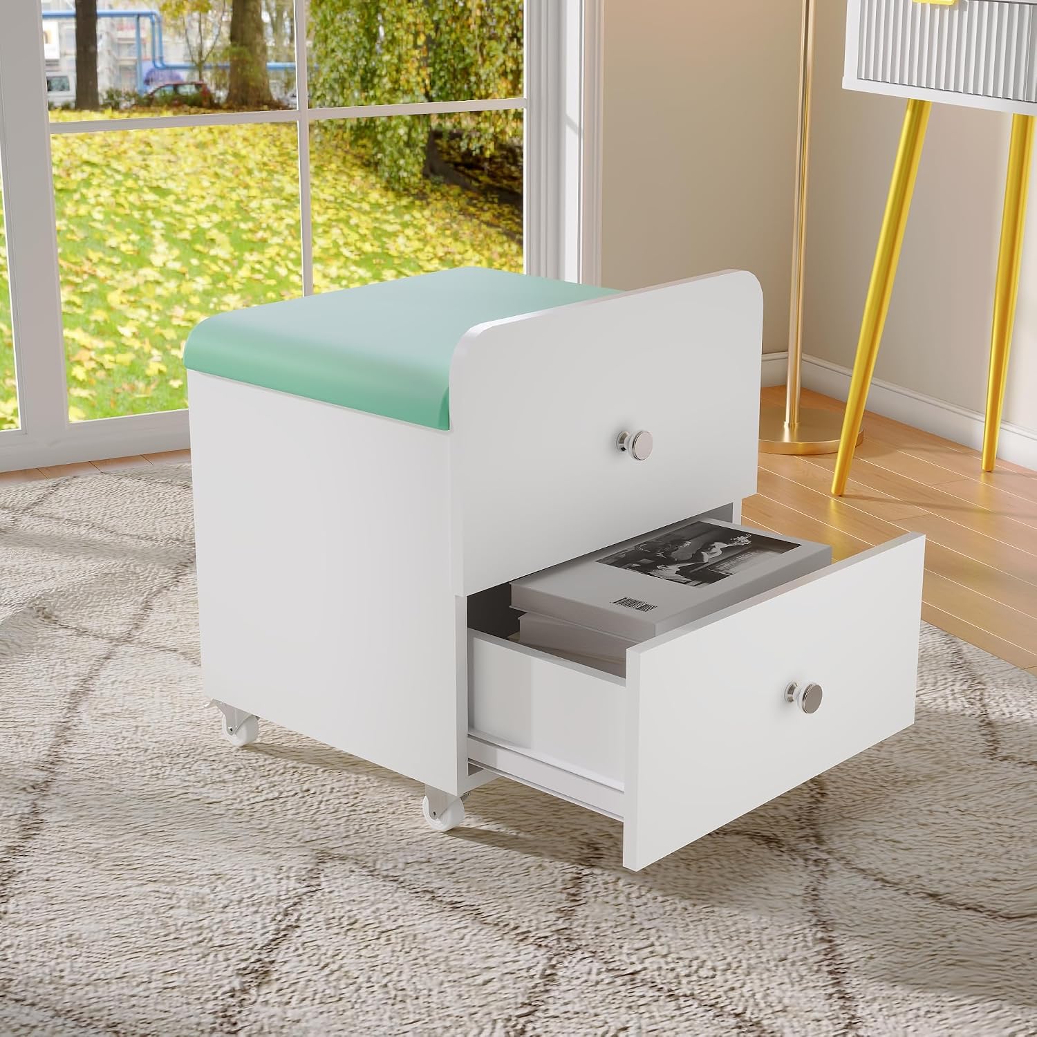 Garvee Vanity Stool Chair with Storage, 17.32" l x 15.16" w x 17.32" h PU Ottoman with Lockable Wheels & Storage Drawer, Modern Multifunctional Chairs for Makeup