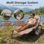 Suteck Tanning Chair with Face Hole, Folding Beach Lounge Chairs, Beige | Adjustable 5-Position Reclining Chaise, Removable Cushion & Pillow, Cooler Bag, 500Lbs Heavy-Duty for Outdoor Camping& Home